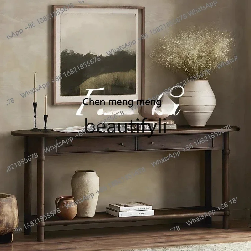 

French solid wood retro porch table, antique style entry foyer corridor aisle wall table