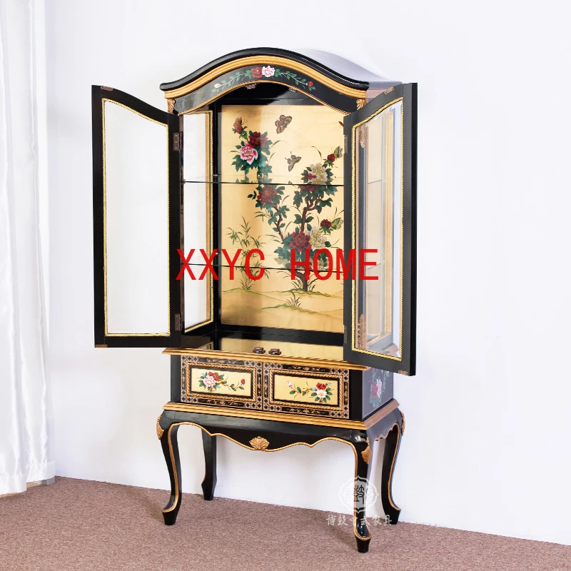 

New Chinese Style Solid Wood Living Room Painted Gold Foil Furniture Modern European Style Storage Cabinet Wine Cabinet