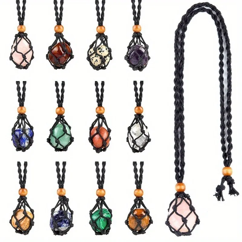 

10pcs Adjustable Cord Stone Holder Wax Rope Necklace Natural Quartz Crystal Chakra Healing Stone Net Bag Pendant