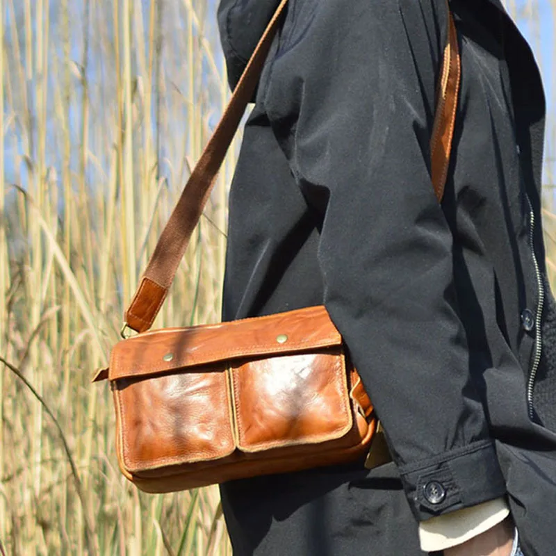 

Original Men's Leather Crossbody Bag Casual Sle Mailman Bag Faion Brand Small Bag Leisure Tanned Leather oulder Bag