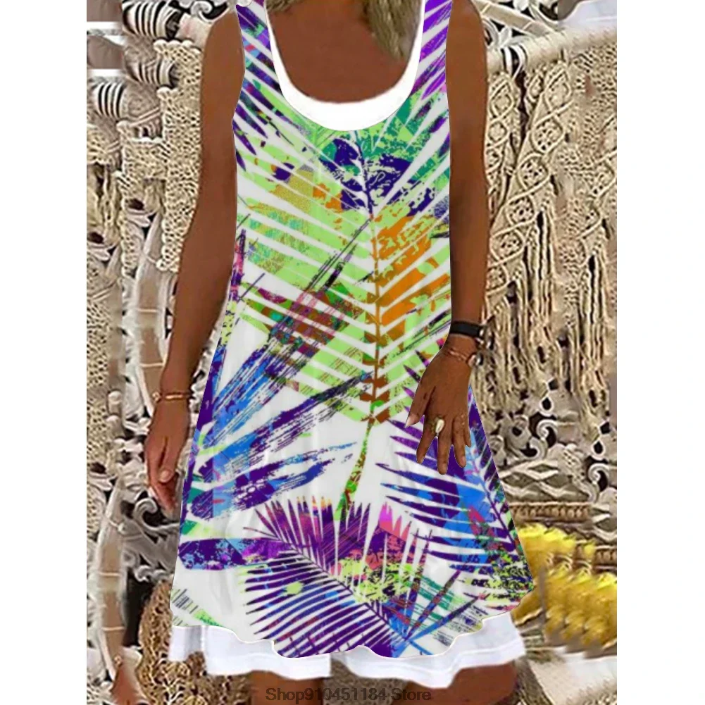 Bohemian Women Daily Casual Sleeveless Fake Two Pieces Beach Dresses Leaf Print Knee Length Seaside Holiday Women's Beachwear