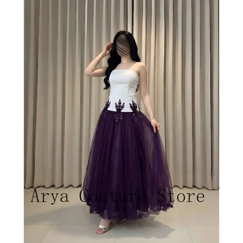 White Strapless Sweetheart Bodice Dark Purple 3D Floral Embroidery High Waist Flowy Tulle A-line Floor Length Formal Evening