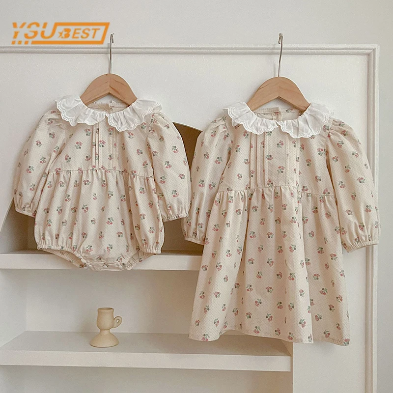 Baby Girls Long Sleeve Sweet Sisters Flower Print Dress Infant Rompers Kids Baby Girls Lace Collar Princess Clothes Rompers