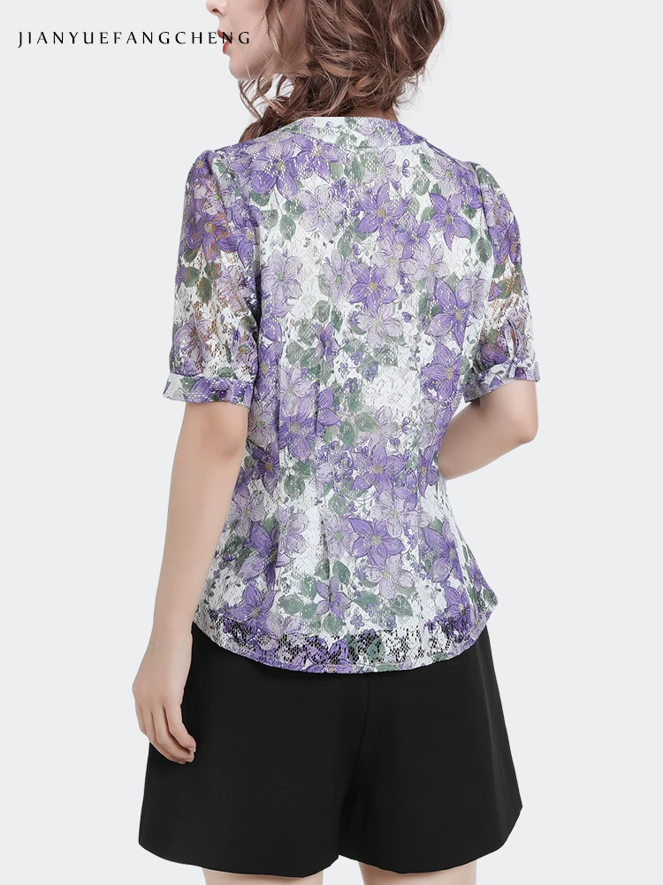 2024 Summer Full-body Purple Floral Printed Lace Top Women Short Sleeve V-Neck Elegant Skinny Printed Shirts Vintage Blouses