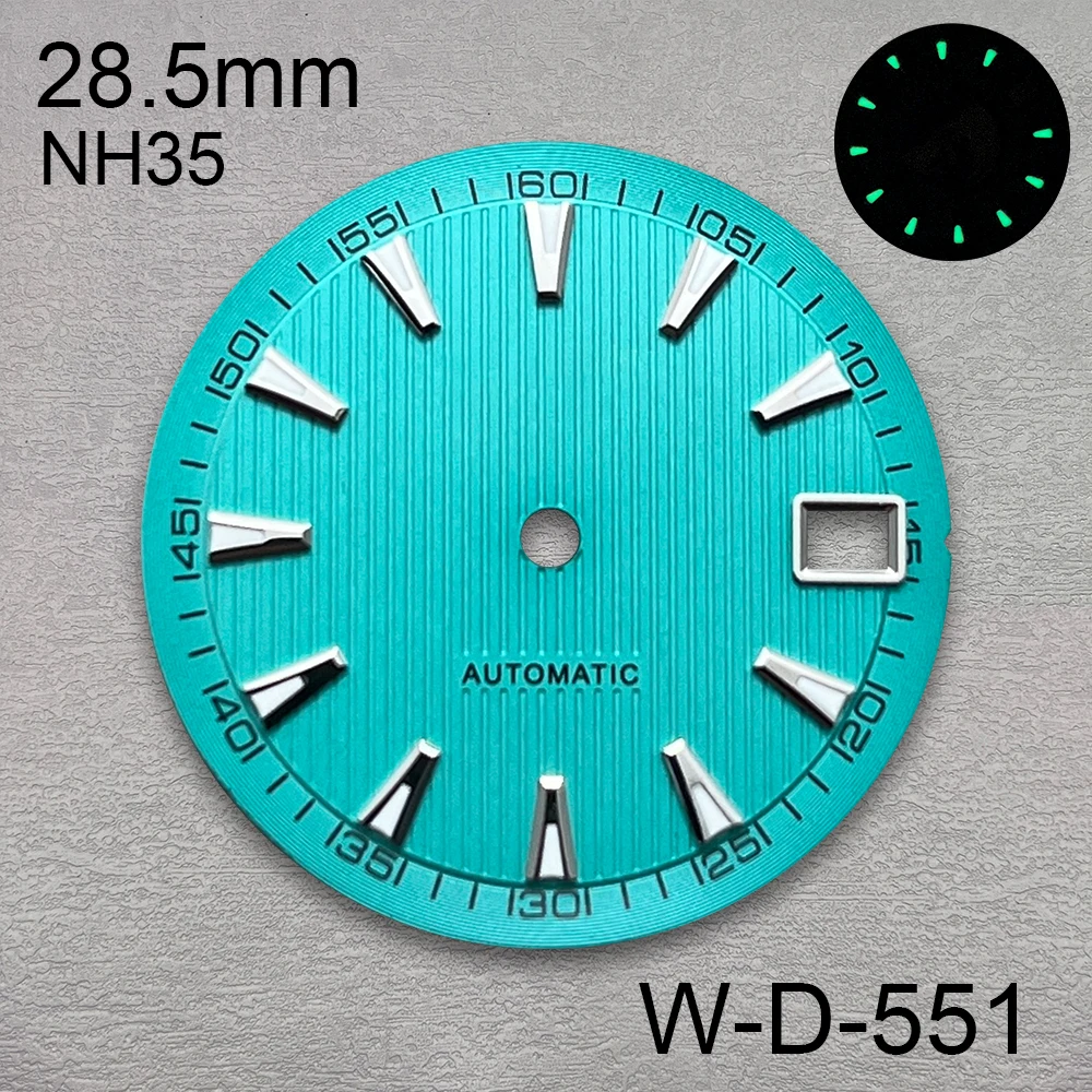 Esfera con patrón de línea de logotipo S de 28,5mm compatible con movimiento automático NH35/NH36, accesorios de modificación de reloj con esfera luminosa verde de alta calidad