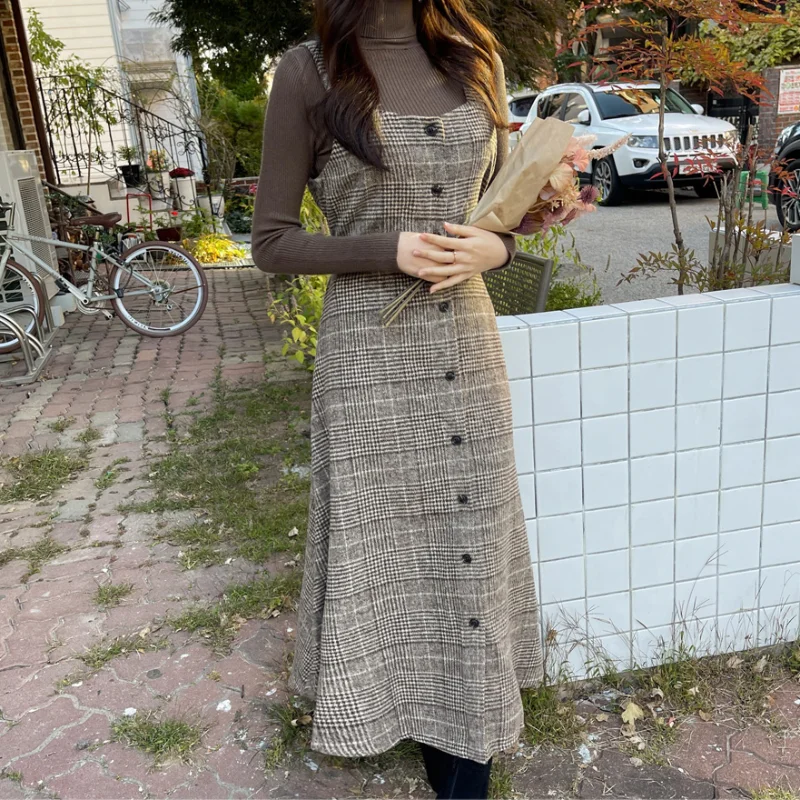 Autumn Winter Korean Style Women's Dresses Loose Plaid Print Wool&Blends Lady Sexy Sleeveless Saghetti Strap Dress Robe KE1088