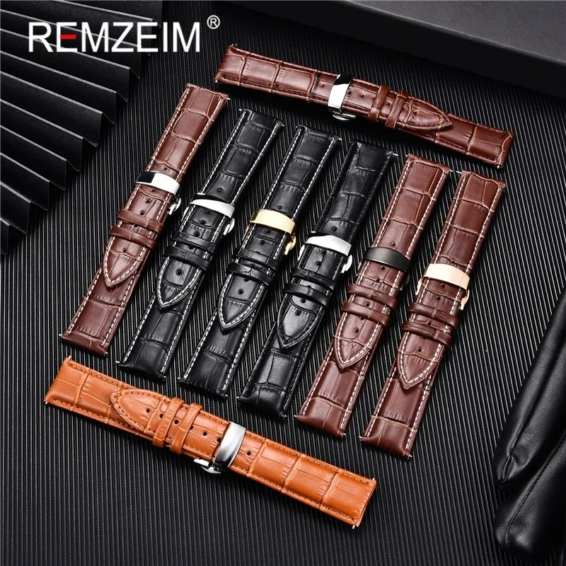 REMZEIM Genuine Leather Watch Strap 18/20/22/24mm Universal Soft Wrist Belt Bracelet Watchband With Butterfly Buckle Brown Black