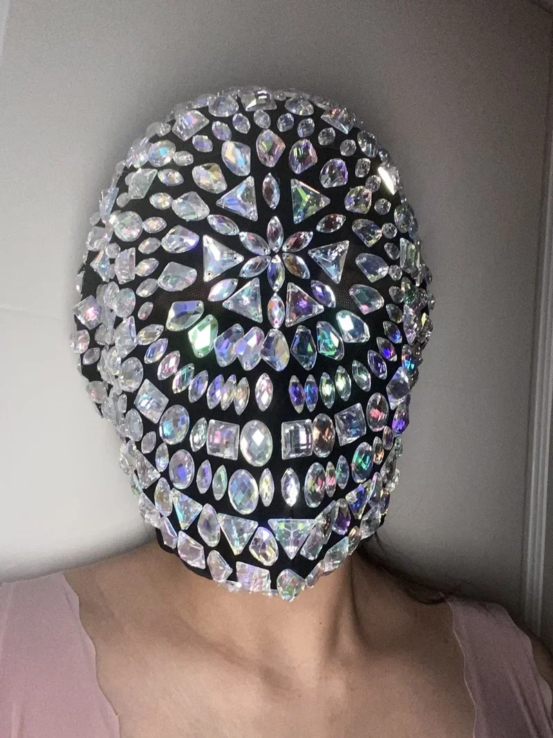 Diamond Punk Head Mask For Face Unisex Night Club Dancer Stage Rave Accessories Gothic Cosplay Bling Fashion Rhinestone Mask