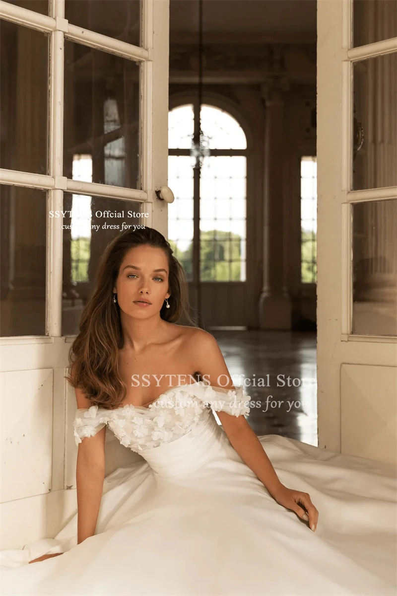 SSYTENS Vintage schulterfreie Brautkleider, schulterfrei, Applikationen, Brautkleider, Satin, rückenfrei, Brautkleid für Damen, individuell