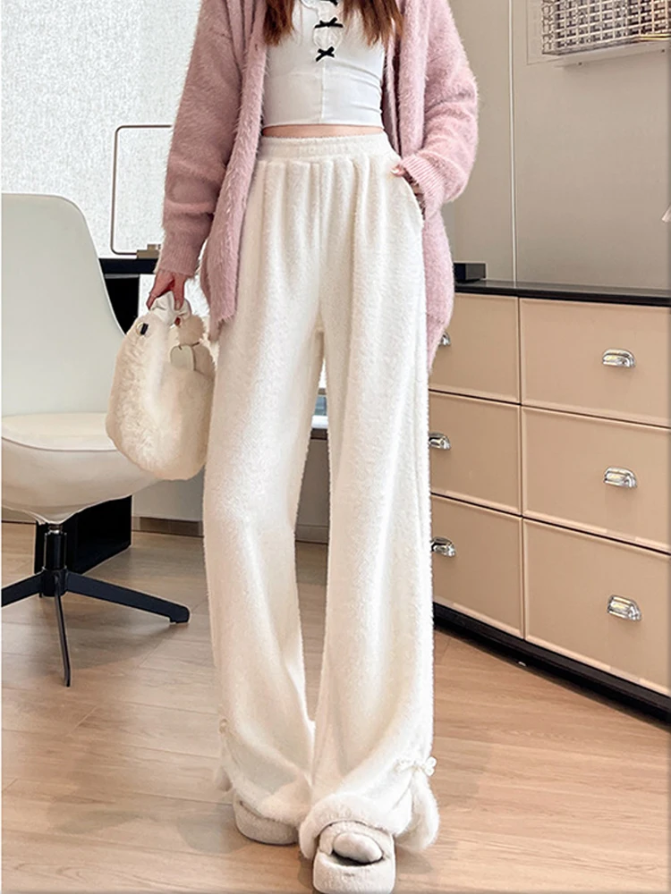 

White pan buckle knitted glutinous rice pants women in winter soft and fluffy drape straight leg cashmere wide leg pants