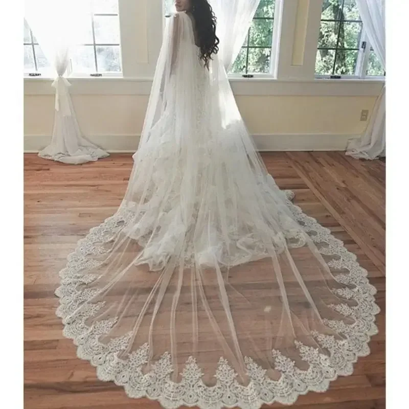 Véus de noiva real pos longo laço capa de casamento 3 metros bolero branco marfim ombro para vestidos de noiva