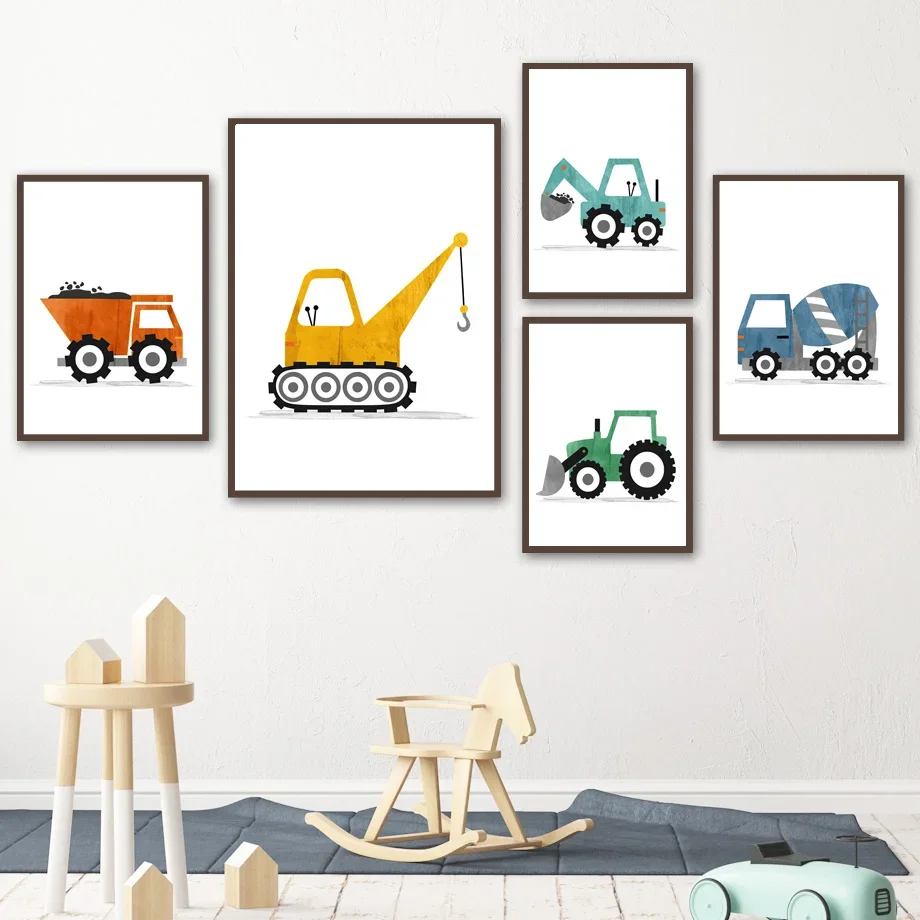 Construction Truck Bulldozer Alphabet Numbers Wall Art Canvas Painting Nordic Posters And Prints Wall Pictures Kids Room Decor