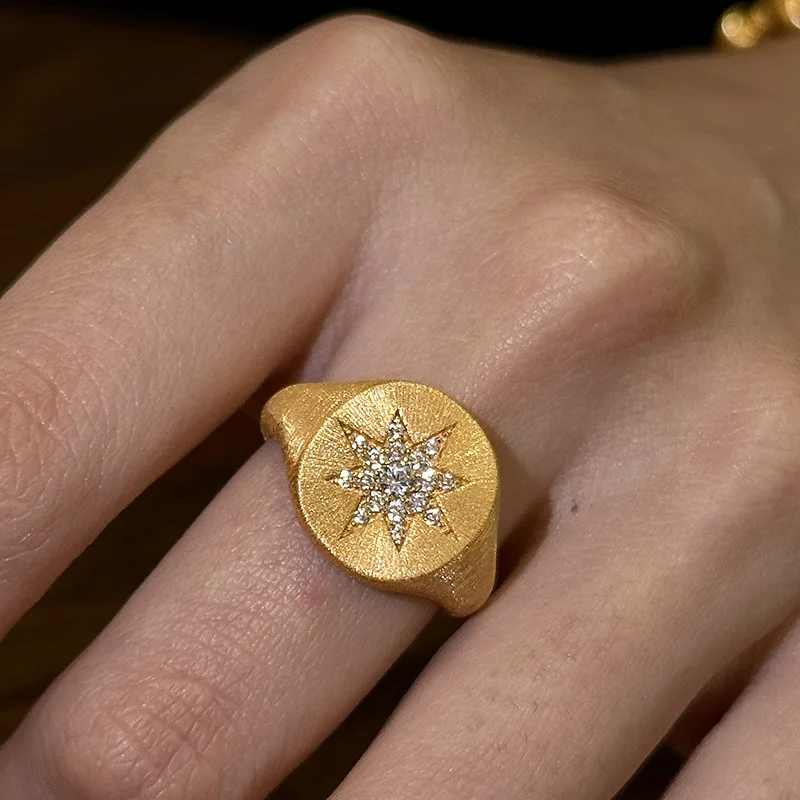 Classical brushed texture octagonal star rings for women charm vintage sparkling diamond inlay oval ring banquet jewelry gift