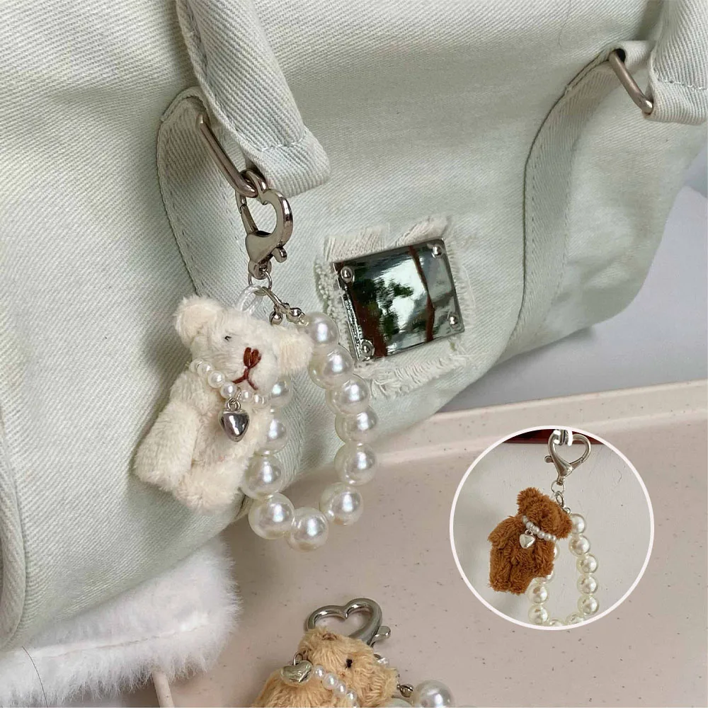 Imitation Pearl Bear Doll Pendant Keychain Korean Fashion Handbag Mobile Phone Accessories Gift for Women Girls Hanging Ornament