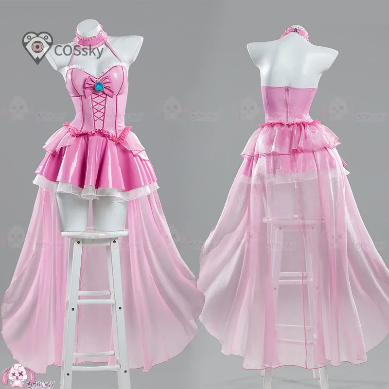 

Princess Peach Cosplay Costume Anime Princess Peach Toadstool Pink leather jumpsuit shawl Halloween carnival women dress