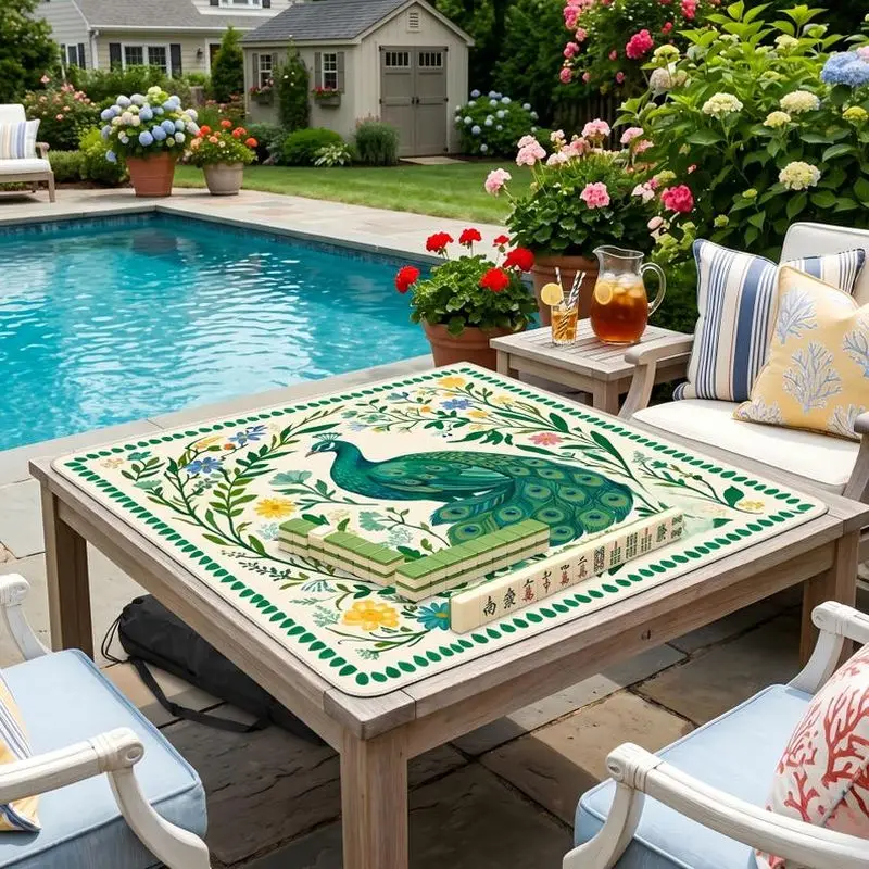 VIKAMA Green Peacock Floral Mahjong Mat Silent Pad For Outdoor Pool Party American Mahjong Poker Desktop Cover Non Slip