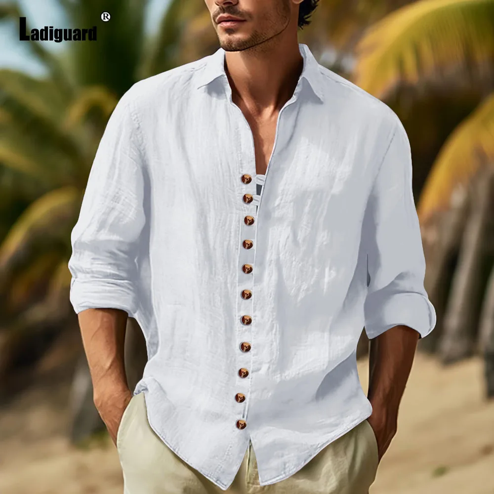 

Plus Size Mens Long Sleeves Beach Shirt blusas 2024 Single Breasted Top White Soft Blouse Men Casual Linen Shirts Clothing 3XL