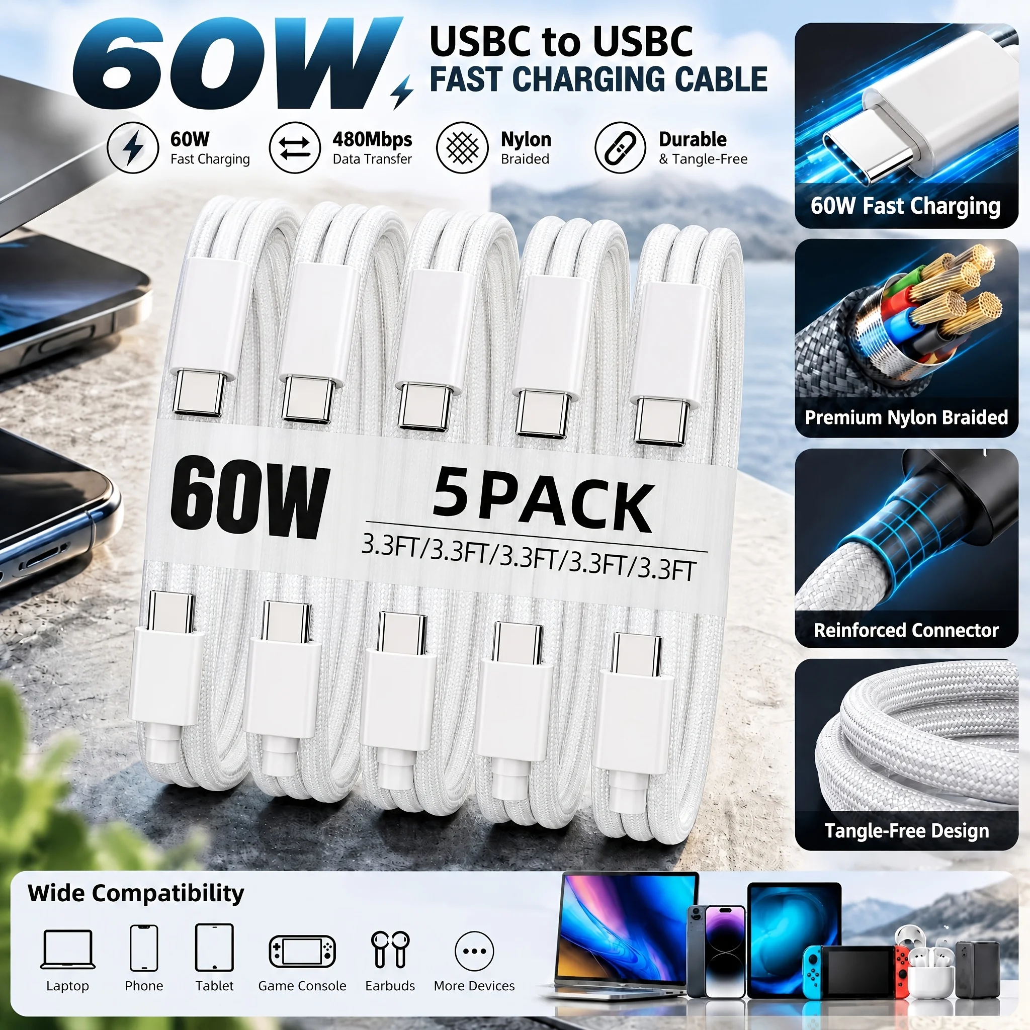 5-Pack 60W USB-C Fast Charging Data Cable | 3.3Ft | Type-C Charging Cable | High Performance PD Fast Charging Support | Compatible With MacBook/Ipad/IPhone 18/17/16/15 Series And Samsung S25/2024 | Suitable For Home/Office Use