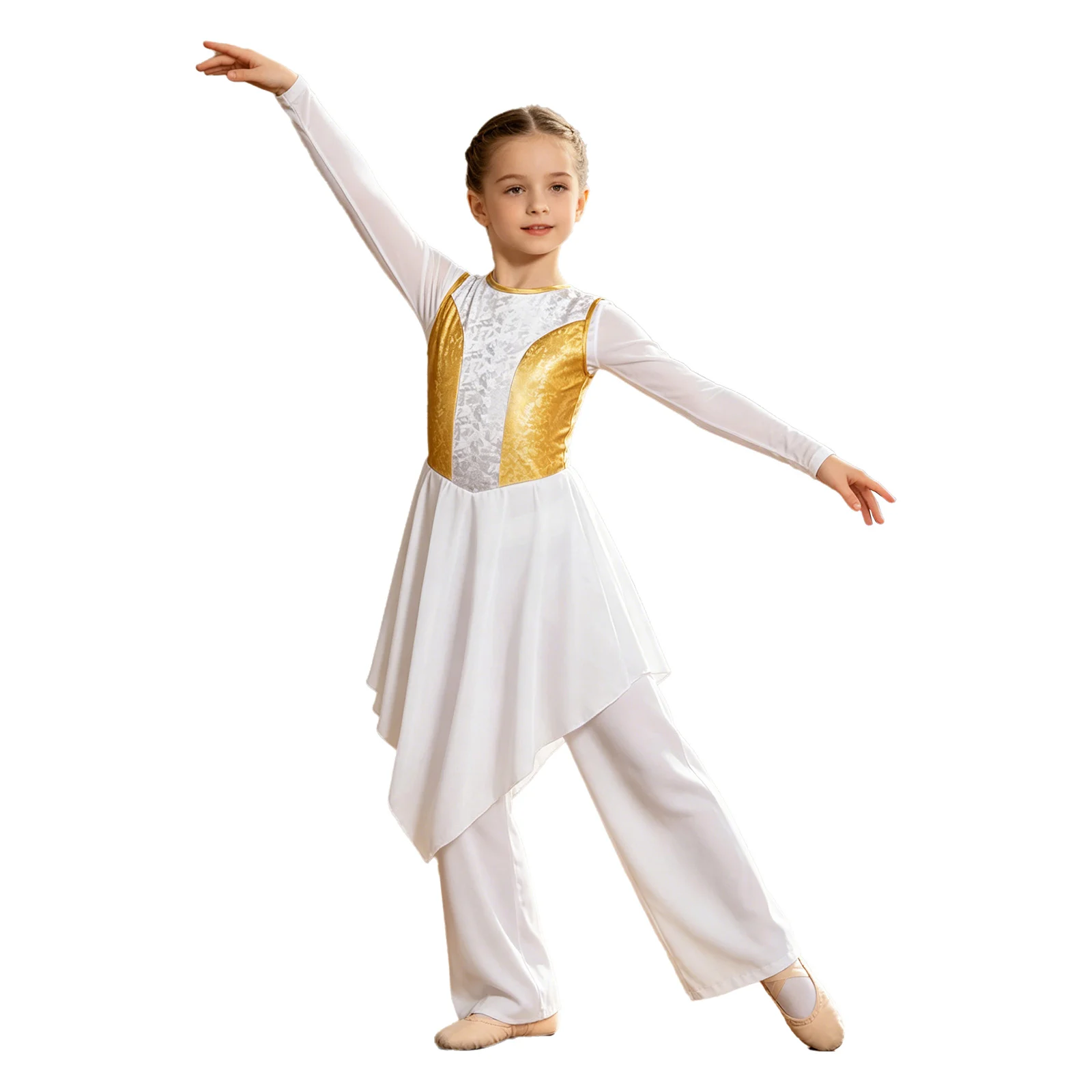 Kids Girls Praise Liturgical Lyrical Dance Tunic Dress Church Choir Worship Costume Sleeveless Metallic Shiny Bodice Dresses - view 3