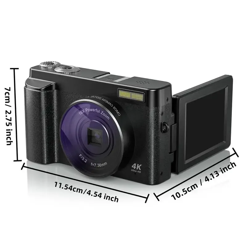 4K Digital Camera, 48MP Vlogging Camera, Compact Camera Electronics 16X Zoom Digital Camera with Flip Screen, 32G SD Card