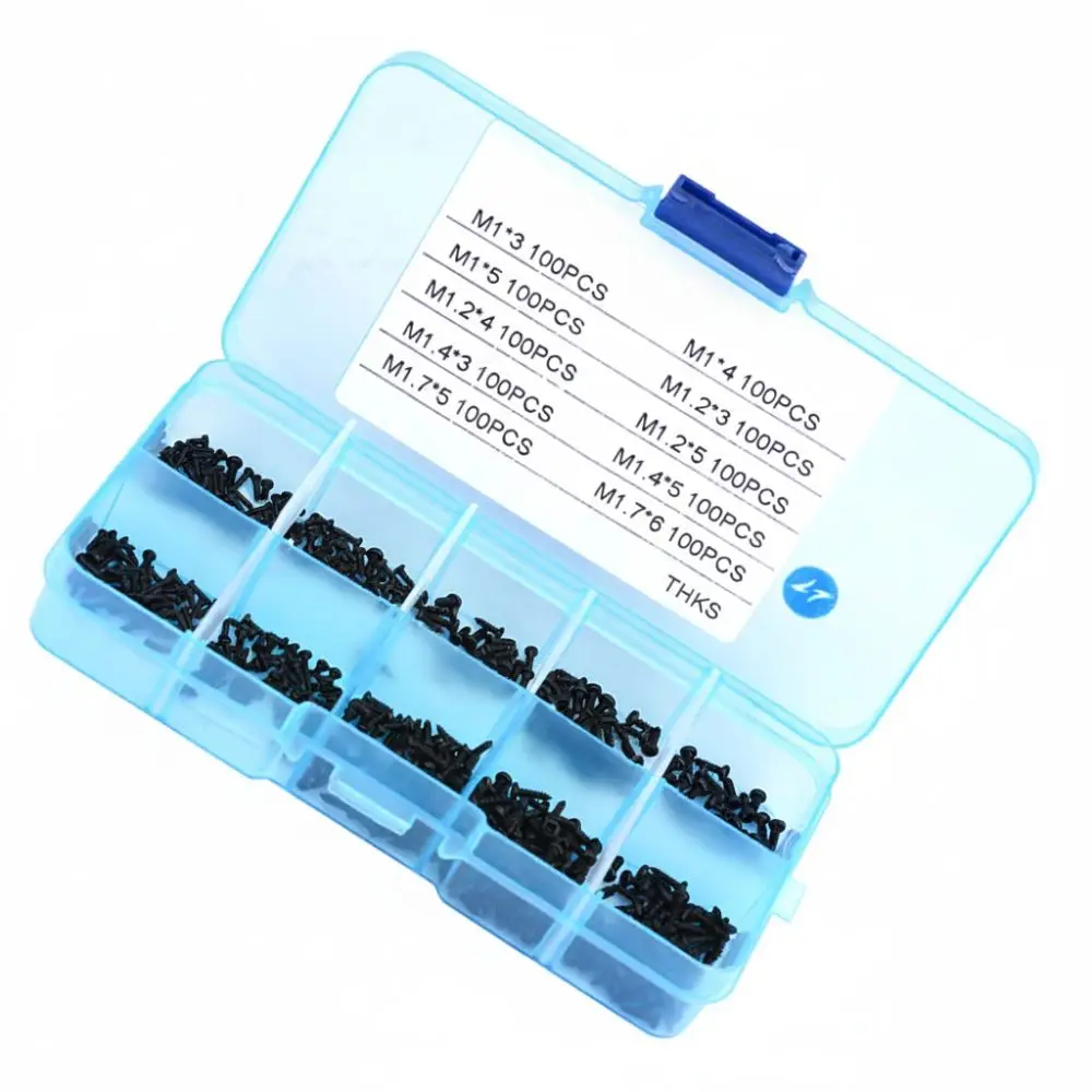 1000Pcs M1 M1.2 M1.4 M1.7 Self-Tapping Screws Pan Head Black Screw Assortment Kit Carbon Steel Tiny Screws