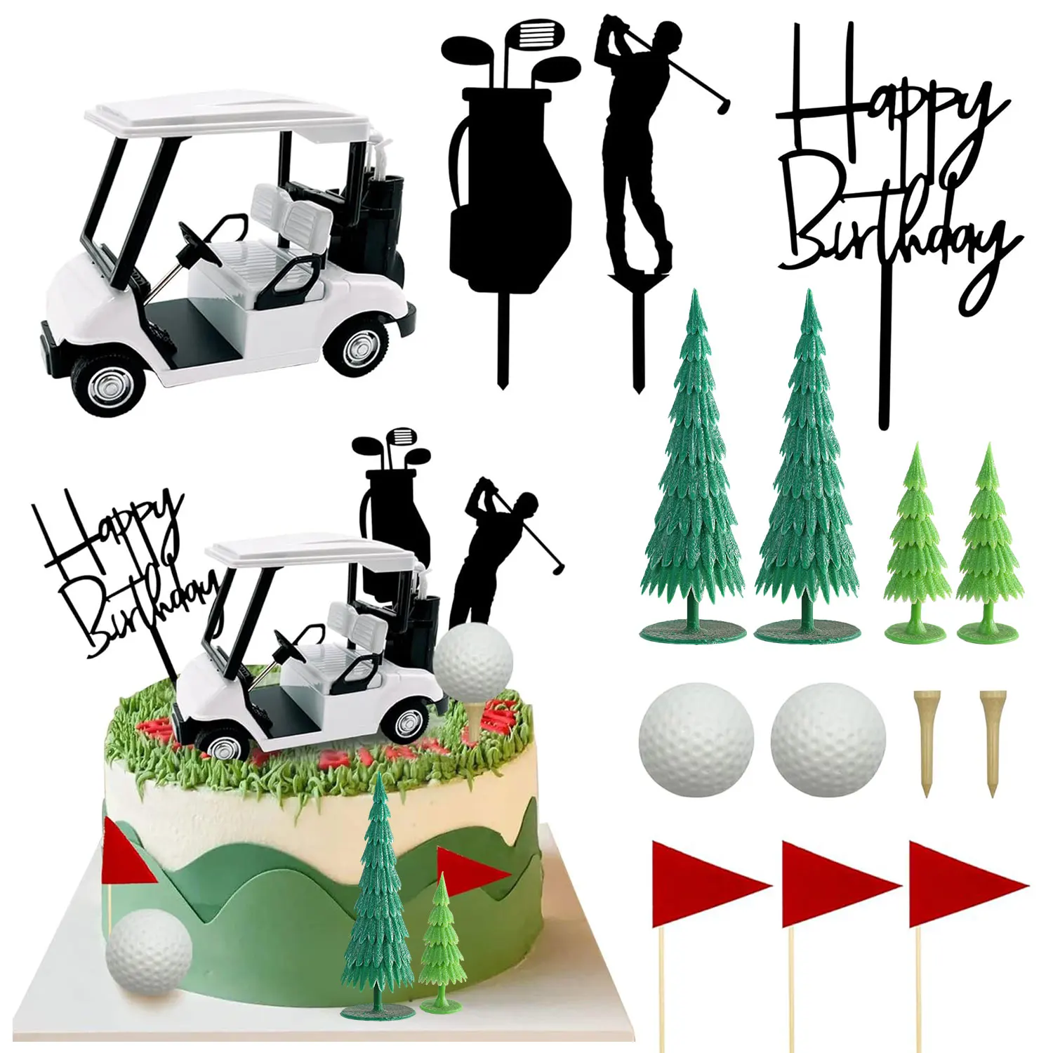 Green Golf Themed Birthday Cake Topper Cart Flag Golf Ball, Sports Theme Party Decorations  for Men and Women