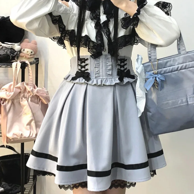 Japanese Gothic Y2k Lolita Skirt Women Elegant Sweet Lace Ruffles Ribbon Bandage Mini Skirts Girls Sexy Cute Punk Party Skirt