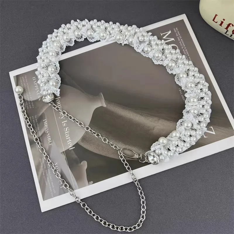 Women's Vintage Pearl Knitted Metal Chain Lace Corset Female Cummerbund Coat Waistband Dress Decration Wide Belt J1768