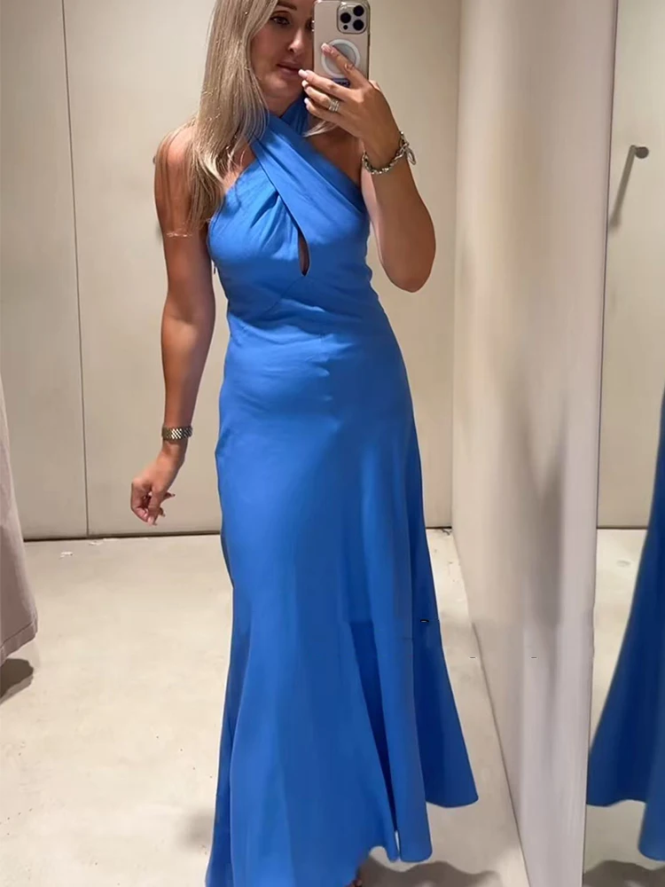 Vestido largo maxi de mujer con cuello halter, espalda descubierta, tirantes cruzados, sin mangas, corte ajustado, línea A, ropa de moda para vacaciones de verano