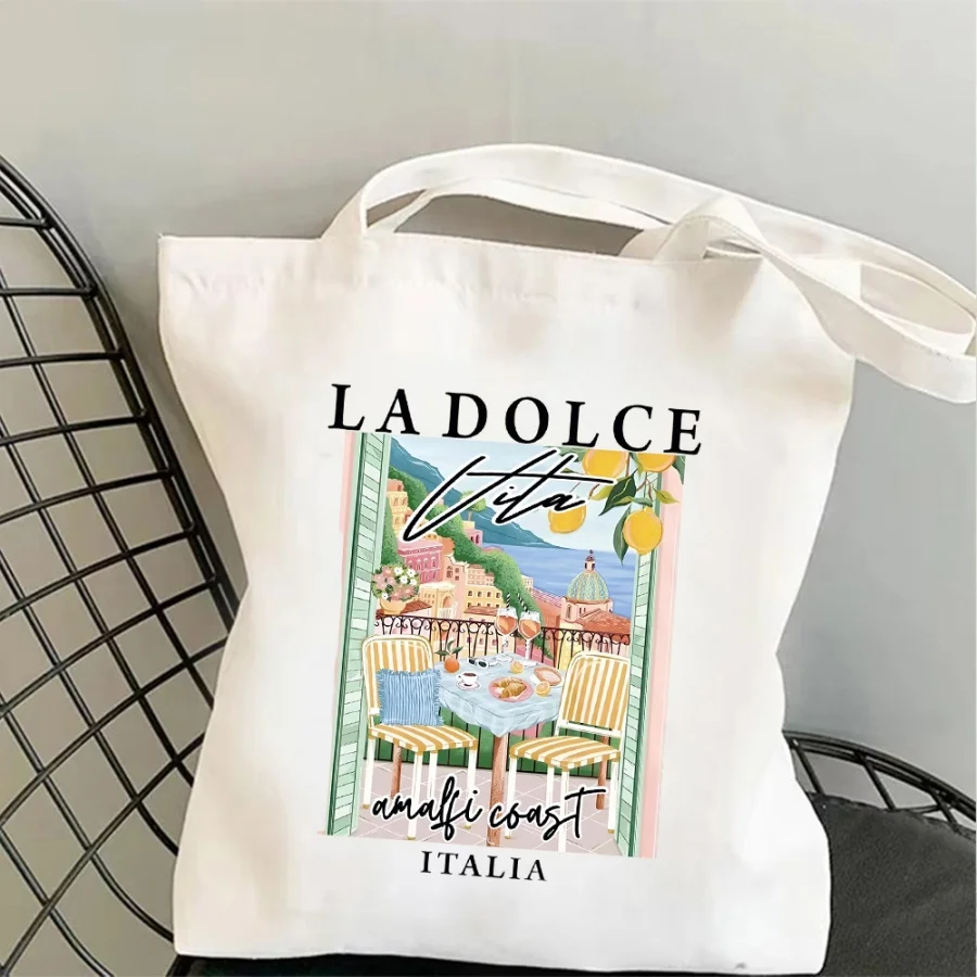 

Italian Lifestyle Aesthetic Canvas Tote Bag La Dolce Vita Amalfi Coast Graphic Large Capacity Daily Commute Essential For Women