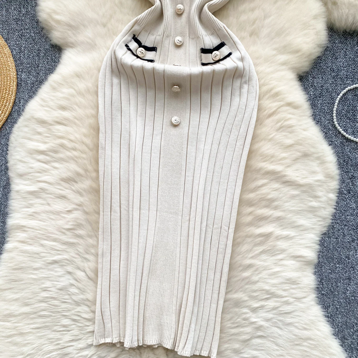 REALEFT 2025 New Summer Vintage Knitted Wrap Dresses Short Sleeve V-neck Buttons Patchwork Sheath Pencil Slim Dress for Womens