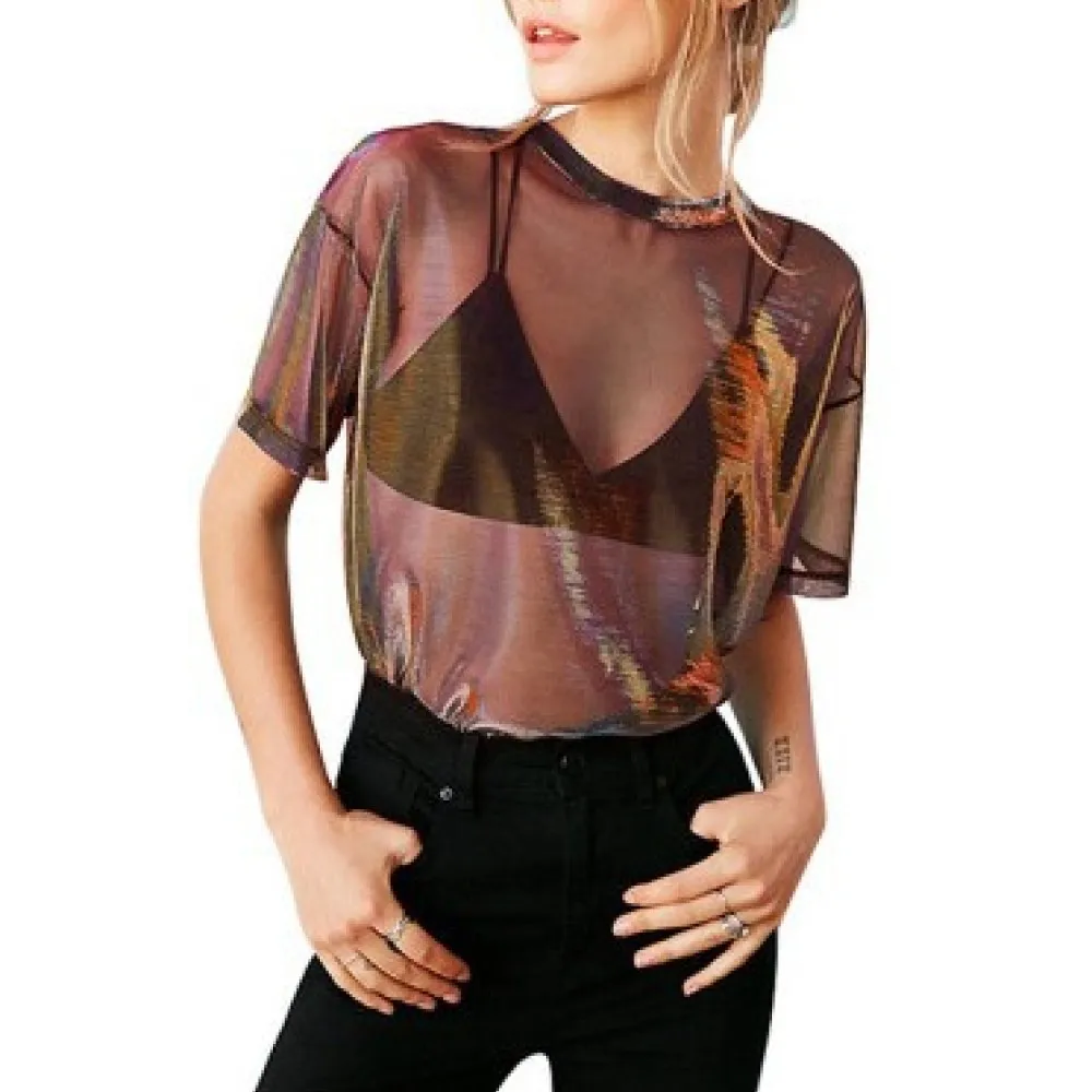 Summer Fashion Women Laser Mesh Tshirt Casual Short Sleeve See Through Blouse Streetwear Loose Breathable Sheer Top Tees