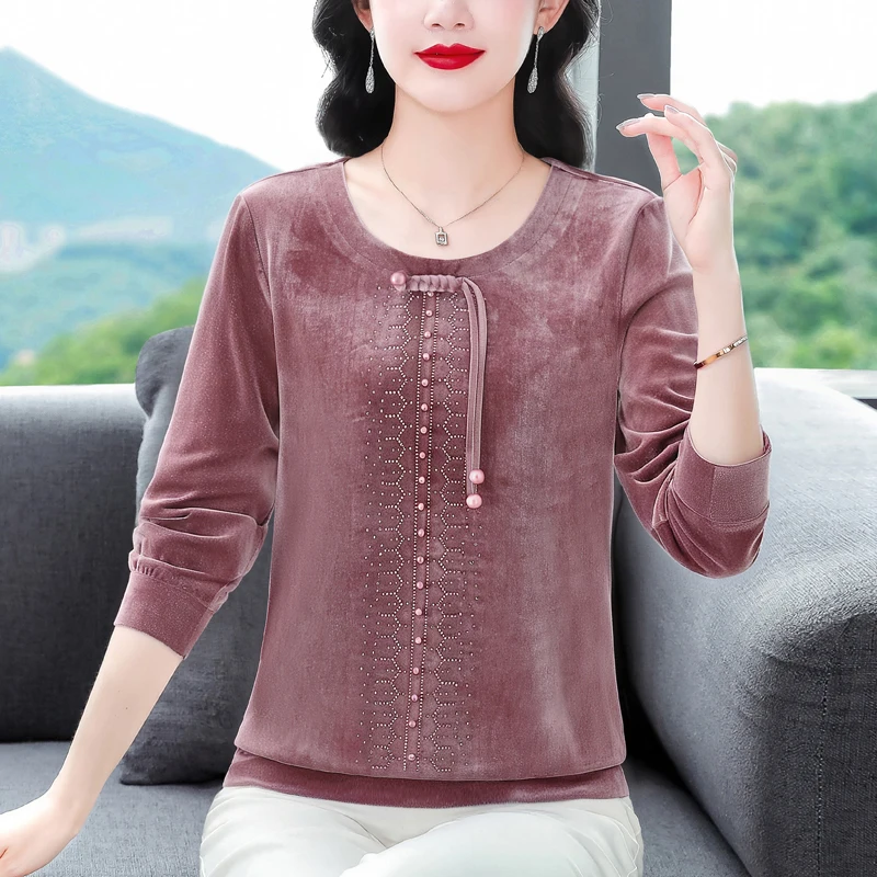 

Autumn Winter Gold Velvet Shirt Round Neck Long Sleeve Diamond Pullovers Blouse Fashion Casual Women Tops