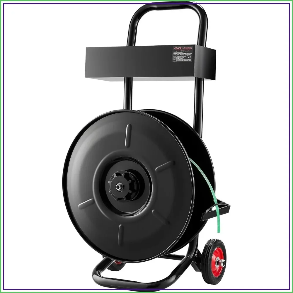 Strapping Cart, 8in Core PET/PP/Polyester, 110lbs Capacity, Heavy Duty Dispenser with Brake, Tool Tray