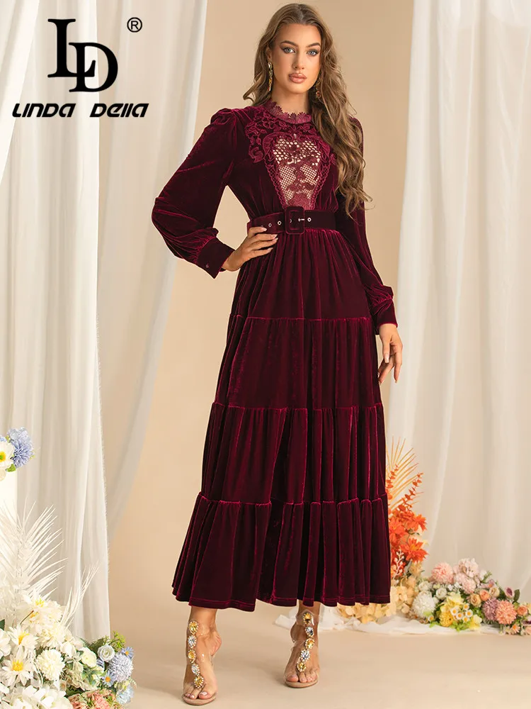 LD LINDA DELLA Autumn and Winter Fashion Dress Women Stand Collar Lantern Sleeved Lace Hollow Out Party Dresses With Belt