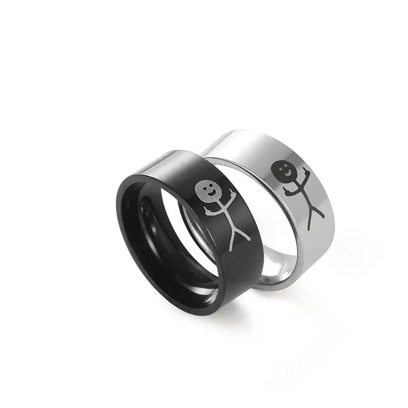 الفولاذ المقاوم للصدأ الاصبع الوسطى Stickman الدائري للرجال النساء زوجين الاتجاه البسيط مضحك الهيب هوب كول خربش خواتم مجوهرات هدايا 8 مللي متر #5