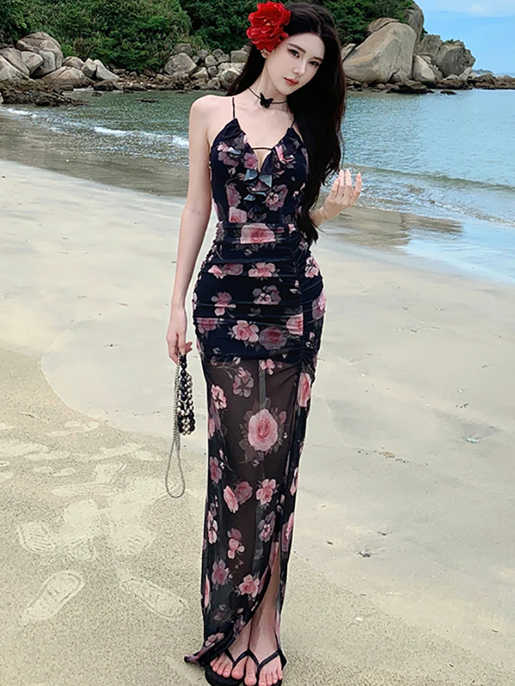 الصيف الأسود الأزهار الشيفون تكدرت الخامس الرقبة مثير فستان بكتافة المرأة أنيقة شق عادية شاطئ فستان الشمس 2025 الكورية Bodycon فساتين #4