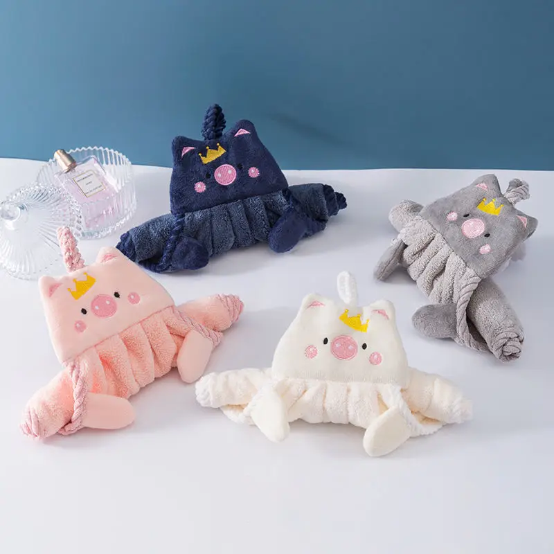 かわいいハンドタオル漫画動物刺繍ハンカチ壁掛けソフト吸収性ふきんぶら下げタオル布アクセサリー