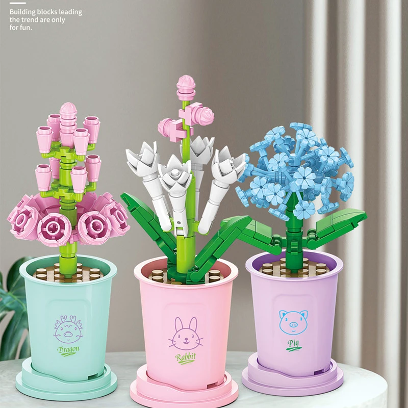 12 Styles Milk Tea Cup Building Blocks Flower Bouquet Potted DIY Bricks Creative Design Decor Toys For Children Christmas Gift