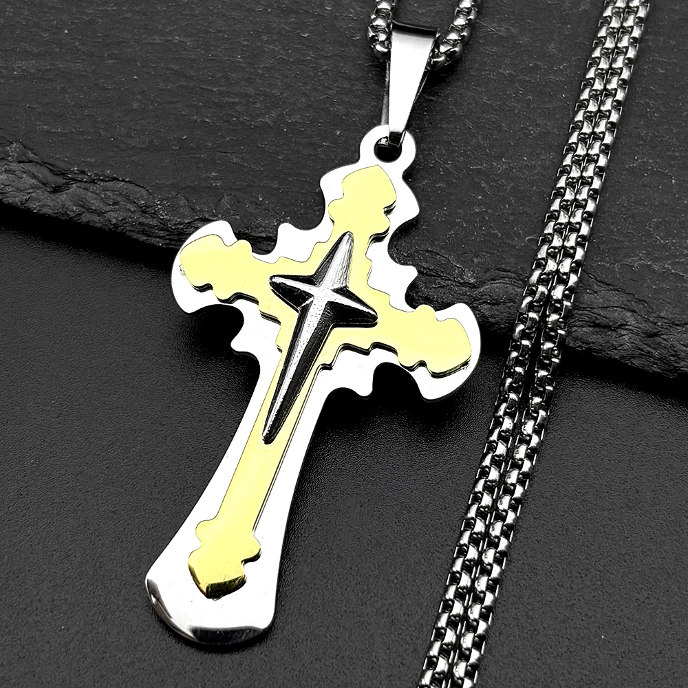 

Christian Hip Hop Big Star Cross Pendant Necklace for Women Men Stainless Steel Two-tone Gold Color Chain Amulet Jewelry Gift