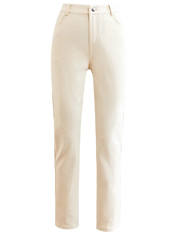 ハイウエスト厚手フリースデニムパンツ レディース ストレートレッグ カジュアル ルーズ 着痩せ 暖かい 秋色 ベージュ スモーキングパンツ