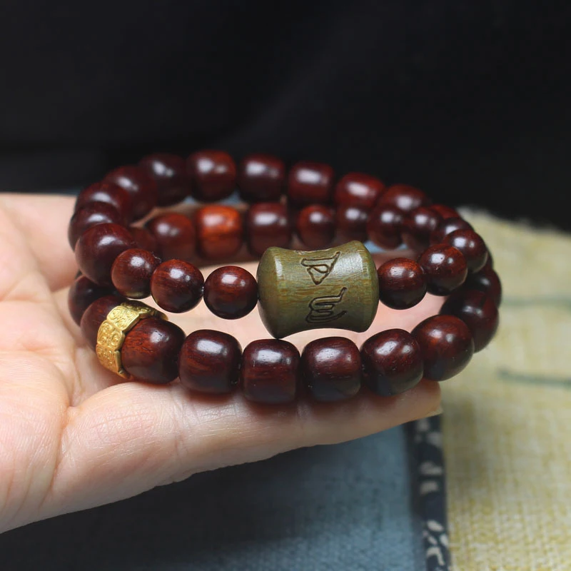 Zambian Blood Sandalwood Old Style Beads 10mm Bracelet, Green Sandalwood Six-Character Mantra Bamboo Joint Buddhist Beads