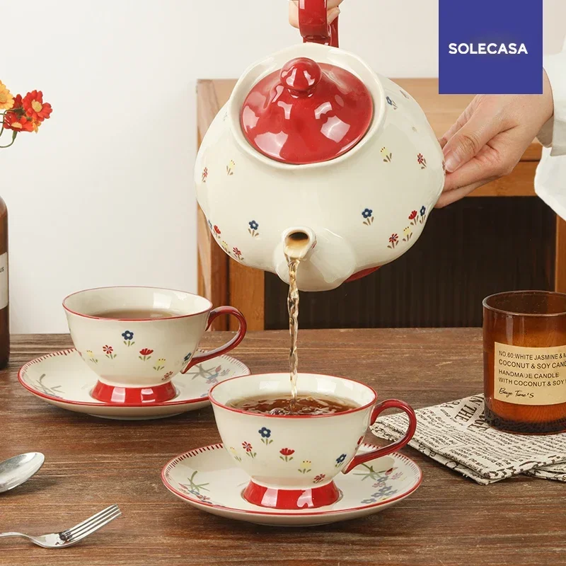 SOLECASA Keramische Theewaar Sets Retro Bloemenpatroon Theepot Kopje Europese Middagkop Porseleinen Koffiekop & Schotel Festival Cadeau