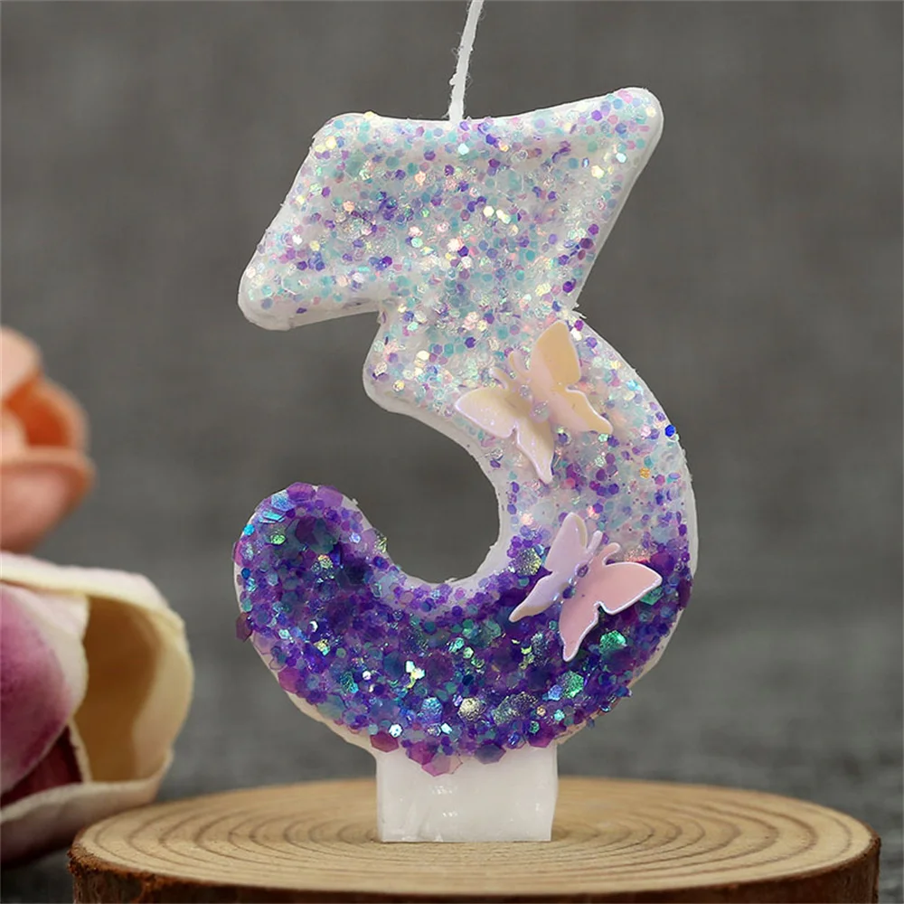 1pcs Purple Glitter Butterfly Theme Candle 0-9 Number Cake Topper Wedding Decor Baby Shower Kid Birthday Party Decor