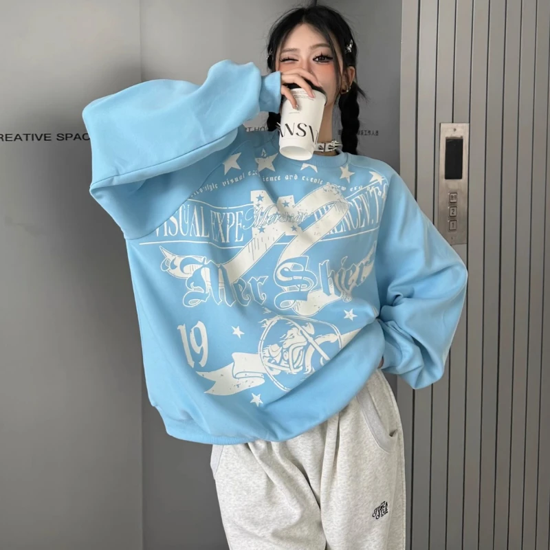 Y2k Aesthetic Vintage Letter Printing Sweatshirt Women Oversized Harajuku Casual Hoodie Autumn Streetwear Blue Grunge Moletom