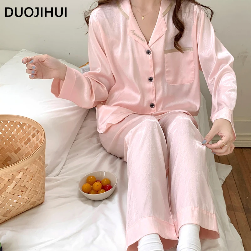 DUOJIHUI Pink Long Sleeve Cardigan Casual Pant Home Pajamas for Women Solid Color Autumn New Fashion 3-colors Female Pajamas Set