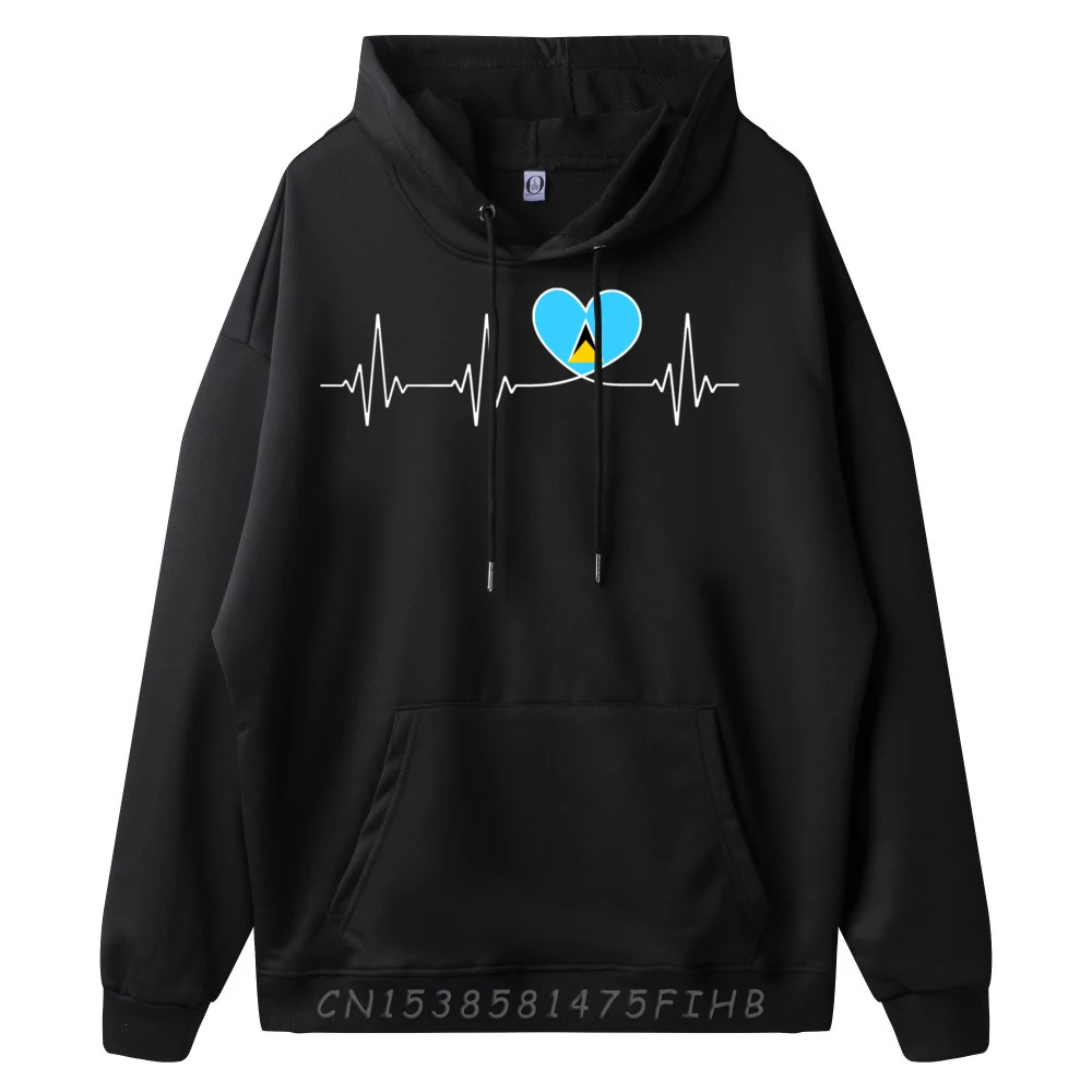 Saint Lucia Love Heartbeat St. Lucian Flag On Saint Lucia Black Hoodie Graphic Tees Men Long Sleeve Tee