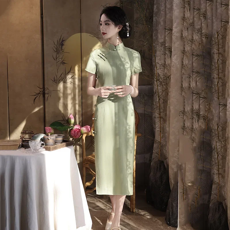 

Новое женское платье в полоску с принтом в китайском традиционном стиле, зеленое платье Cheongsam, новое улучшенное женское хлопковое льняное платье Ципао с воротником-стойкой