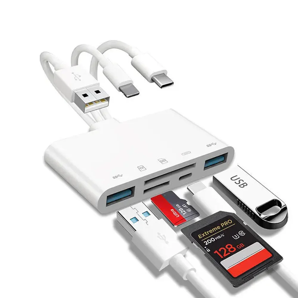Driedraads 5-in-1 kaartlezer, multifunctionele OTG-converter, hogesnelheidstransmissie, compatibel met iPhone/Android/ipad