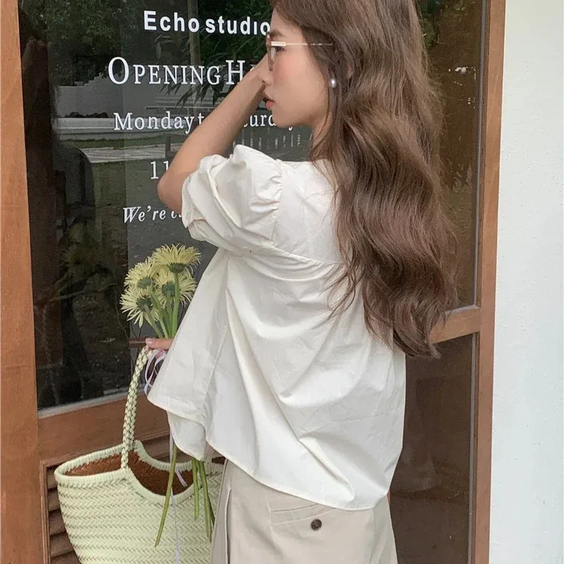 New Cute Chic Doll Design Fold Tops Hot Women Summer 2025 Chic Korea Japan Style Retro Vintage Solid Girls Short Shirt Blouses